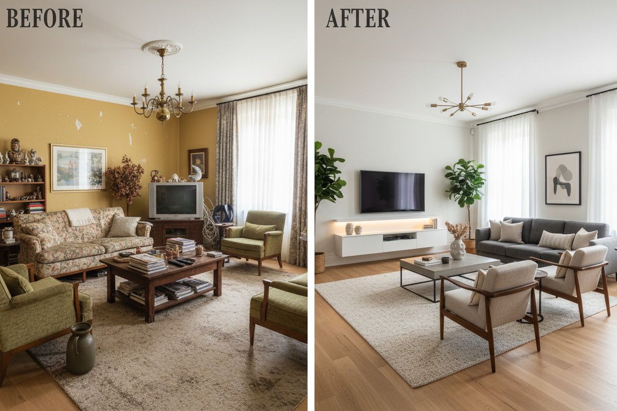 a before and after living room renovation